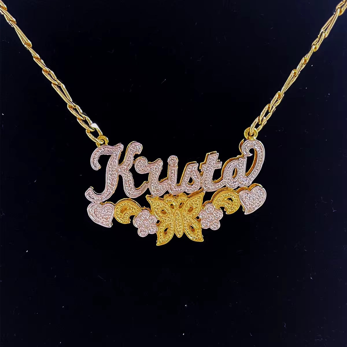 Double plated butterfly nameplate necklace
